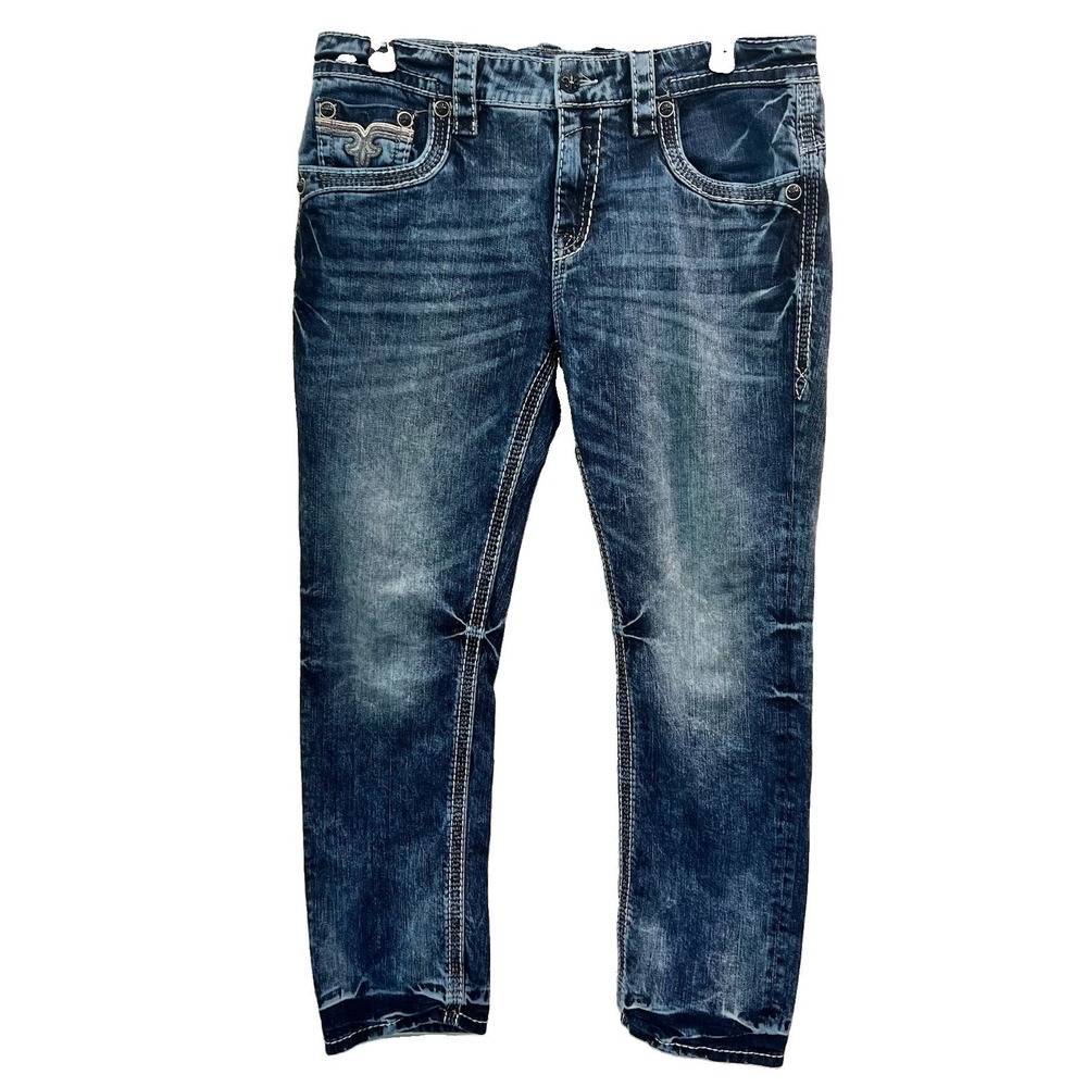Rock Revival Cael Straight Jeans Men's Size 36x31 Blue Embellished Thick  Stitch